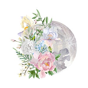 Watercolor phase of the moon with flower bouquet illustration logo design. Hand drawn rose, peony, iris, wildflower, leaves, twigs