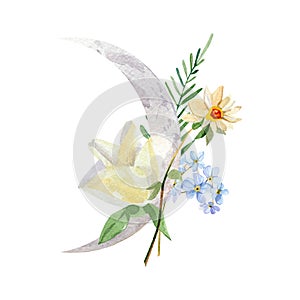 Watercolor phase of the moon with flower bouquet illustration logo design. Hand drawn rose, peony, iris, wildflower, leaves, twigs