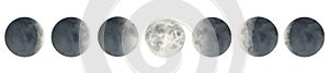 Watercolor phases of the Moon collection. Cyclically changes from new moon, crescent, quarter, gibbous to full moon