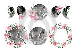 Watercolor phases of the moon decorated with pink lilies, female moon