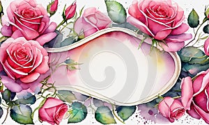 Watercolor Photo Card Pink Roses Oval Frame