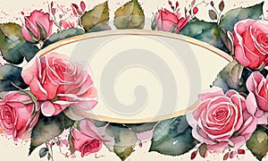 Watercolor Photo Card Pink Roses Oval Frame