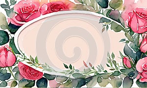 Watercolor Photo Card Pink Roses Oval Frame