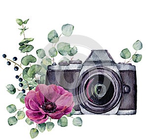 Watercolor photo label with anemone flower and eucalyptus. Hand drawn photo camera with floral design isolated on white