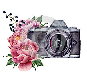 Watercolor photo label with peony flowers. Hand drawn photo camera with peonies, berries and leaves isolated on white