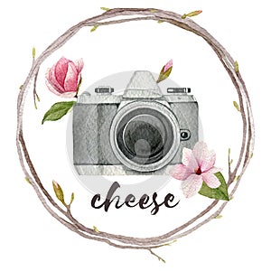 Watercolor photographer illustration with vintage photo camera,wreath of branches and magnolia flowers. Hand drawn spring logo iso