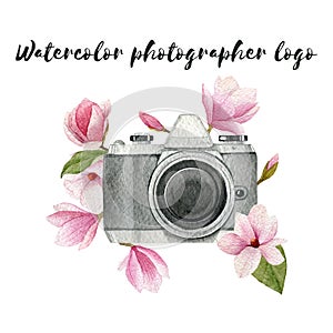 Watercolor photographer logo with vintage photo camera and magnolia flowers. Hand drawn spring illustration isolated on white back