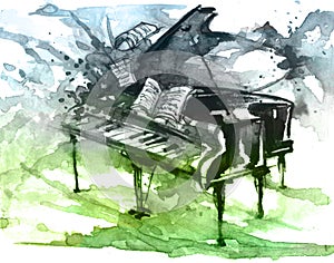 Watercolor Piano Abstract. Music festival, poster background template. Delight. Write, compose music. Ro