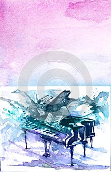 Watercolor Piano Abstract. Music festival, poster background template. Delight. Write, compose music. Ro