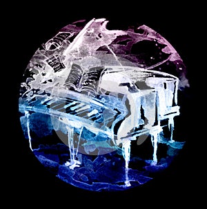 Watercolor Piano Abstract. Music festival, poster background template. Delight. Write, compose music. Rol