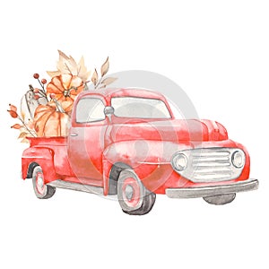 Watercolor pickup truck with pumpkins, autumn leaves, berries, harvest, autumn composition