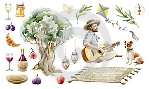 Watercolor picnic element illustration. Man with guitar, dog, fruit, wine, big tree set. Young guy play guitar. Picnic