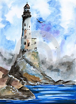 Watercolor picture of the Aniva cape lighthouse