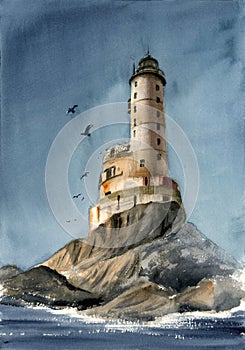 Watercolor picture of the Aniva cape lighthouse on the rocky island