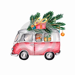 Watercolor picture of christmas vintage bus. Red retro car is carrying christmas gifts.Watercolor illustration of Santa Claus`s