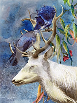 Watercolor picture of a deer with two ravens on itâ€™s antlers