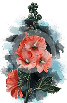 Watercolor picture of a hand-drawn hollyhocks plant