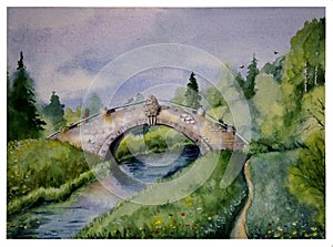 Watercolor picture of the landscape with the image of the Park in the city of Pavlovsk in Russia and the old stone