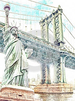 Watercolor picture of Manhattan Bridge and Statue of Liberty in New York. USA