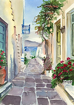 Watercolor picture of a greek street