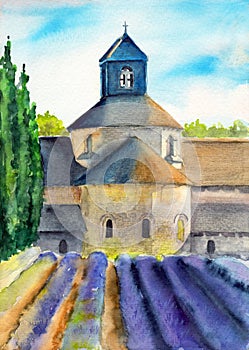 Watercolor picture of purple lavender field with an ancient castle