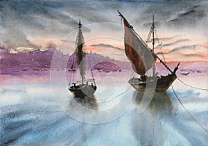 Watercolor fishing boats on the sunset