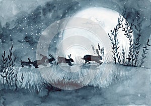 Watercolor picture of some rabbits photo