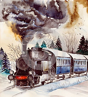 Watercolor picture of a steam engine on the snowy railroad