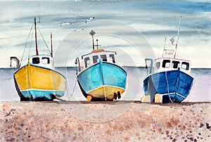 Watercolor picture of three colorful fishing boats