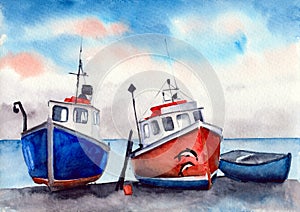 Watercolor picture of three colorful red and blue fishing boats