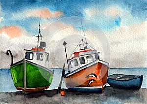 Watercolor picture of three colorful red, green and blue fishing boats