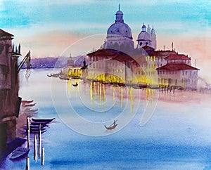 Watercolor Venice canal with gondolas and palaces photo
