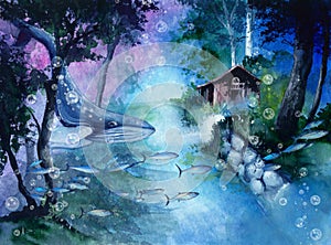 Watercolor picture of a whale in magic forest