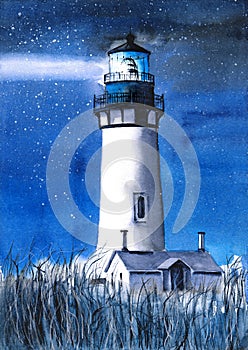 Watercolor picture of the Yaquina Head Lighthouse in the field