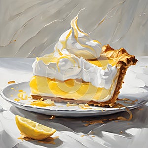 Watercolor Piece of lemon Cream pie cheese cake with whipped cream illustration