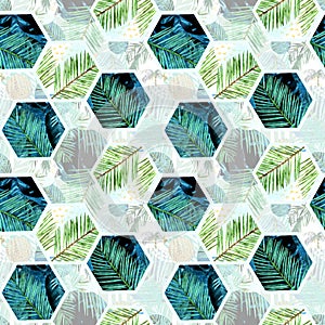 Watercolor pieces of palm leaves and blue hexagon seamless pattern ilustration. tropical background