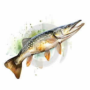 Watercolor Pike Fish Clipart With Splash Effect