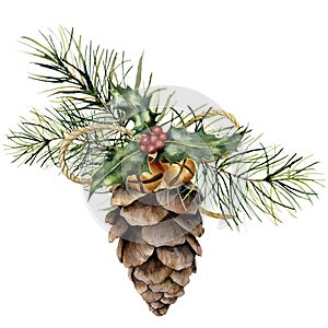 Watercolor pine cone with Christmas decor. Hand painted pine cone with christmas tree branch, bells, holly and craft