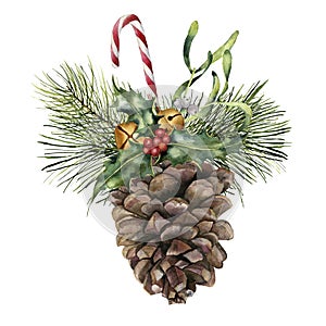 Watercolor pine cone with holiday decor. Hand painted pine cone with christmas tree branch, bells, candy, holly and