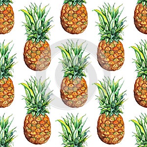 Watercolor pineapple exotic tropical fruit seamless pattern texture background