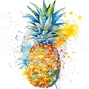 watercolor of a pineapple is exuberantly highlighted with lively splashes