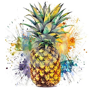 watercolor of a pineapple is exuberantly highlighted with lively splashes