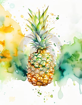 Watercolor pineapple with lush green leaves and vivid splashes