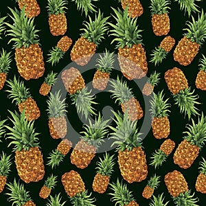 Watercolor pineapple pattern. Hand painted tropical fruit with leaves isolated on dark green background. Food botanical