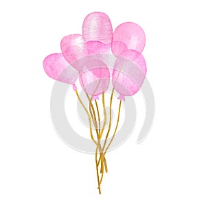 Watercolor pink balloons. Hand drawn bunch of cute air balloons for kids, girl Birthday celebration, baby shower, party.