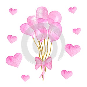 Watercolor pink balloons and hearts set. Hand drawn bunch of cute air balloons with bow for kids, Birthday party, baby shower,