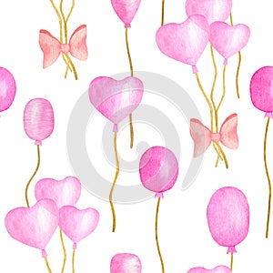 Watercolor pink balloons seamless pattern. Hand drawn cute air balloon bunches with ribbon bows for kids, baby girl