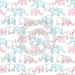 Watercolor pink, blue elephant pattern for kids design. Sketch style