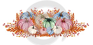Watercolor pink and blue pumpkin composition, floral pumpkins, Halloween clip art, autumn design elements, fall