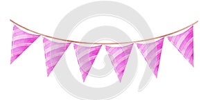 Watercolor pink bunting flags isolated on white background